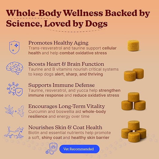 Longevity Dog Multivitamin 11-in-1 Daily Chews Chicken Flavored with Flaxseed, 60 Count, Supports Hip and Joint Health, Immune System, Skin and Coat, Heart Health, Energy and Vitality
