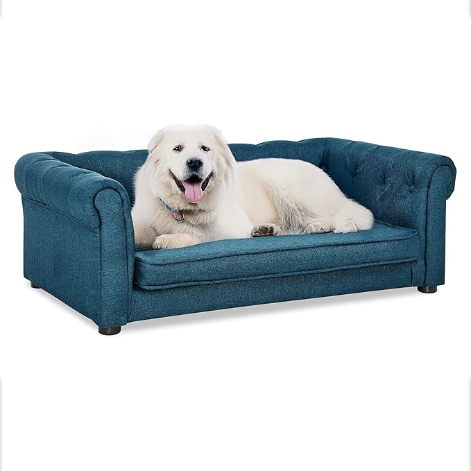 GDFStudio Modern Linen Dog Sofa for Small and Medium Dogs Elevated Pet Bed with Armrests and Backrest Durable and Comfortable Upholstered Pet Furniture, Blue
