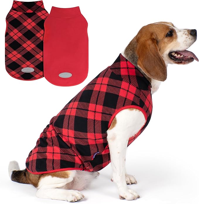 cyeollo 2 Pack Small Dog Sweater, Stretchy Dog Sweatshirt Soft Fleece Reflective Pullover Jacket Pet Puppy Clothes Boy Cold Weather Christmas Sweaters for Small Dogs Girl, Red & Buffalo Plaid S
