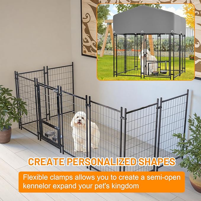 Dog Crate Dog Kennel Outdoor W/Roof,Dog Cage W/ 360°Rotating Feeder & Secure Lock,Weatherproof Dog Pens Outside W/Flexible Clamps,for Garden Yard,Grey(4.23x3.83x4.83 FT)