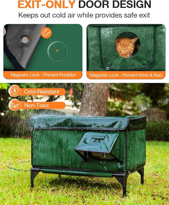 Indestructible Heated Cat House for Outside Winter, 100% Waterproof, Safe Escape Door, Insulated Outdoor Cat Shelter with Heater for Feral Barn Cat Kitty (Green, 24"x15"x18")