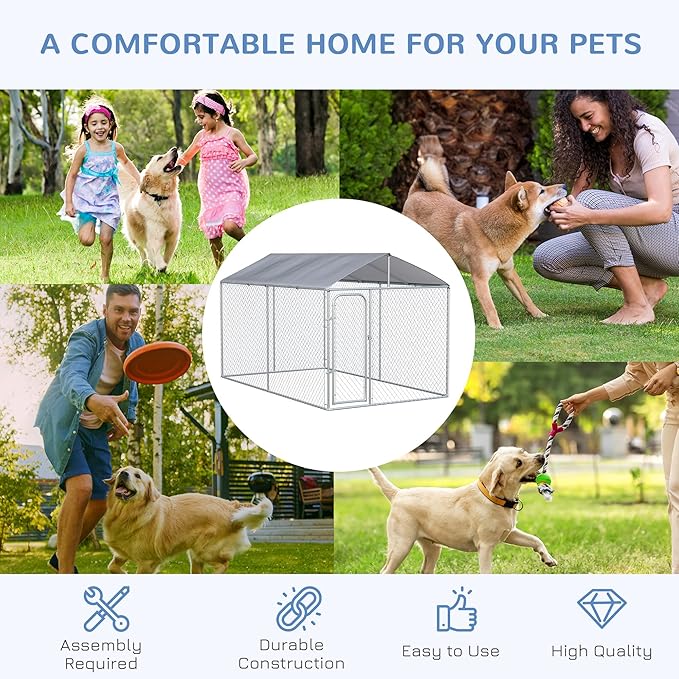 PawHut Outdoor Dog Kennel, Heavy Duty Dog Run Outdoor Fence with Waterproof Cover, Galvanized Chain Link, Secure Lock, 13' x 7.5' x 7.5'