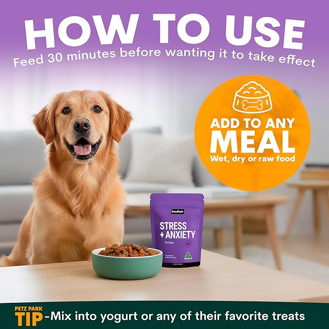 Stress and Anxiety Supplement for Dogs - Calming Dog Powder Supplement - Decreases Stress, Calms Fear & Anxiety, Eases Aggression & Insomnia, Relaxes Body and Mind - Beef Flavour - 6.4oz - 90 Scoops