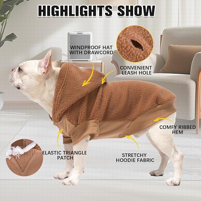 BINGPET Dog Hoodie with Leash Hole - Warm Fleece Dog Sweater with Hood for Cold Weather - Winter Coat for Puppy Small Medium Large Dogs Boy and Girl(Brown,S)