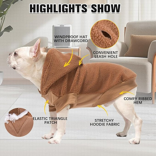 BINGPET Dog Hoodie or Sweater with Leash Hole, Warm Fleece Dog Sweatshirt, Cold Weather Coat for Puppy to Large Dogs, Boys or Girls (Brown, SM)