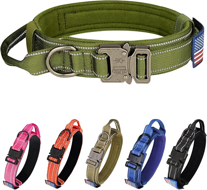 KCUCOP Tactical Dog Collar for Medium & Large Dogs - Military Nylon Heavy Duty Collar with Handle, Reflective Strip & Metal Buckle for Training, Outdoor (Green Reflective, XLarge)