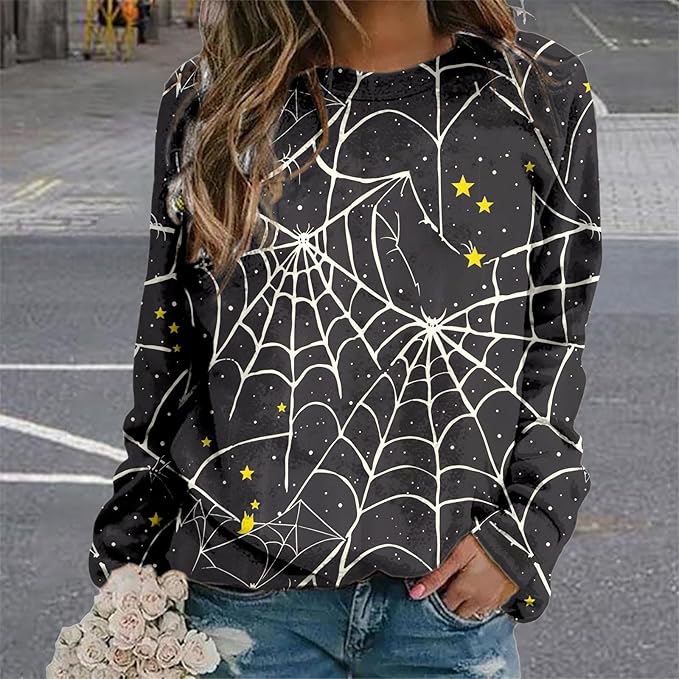 MARSVOVO Fall Sweatshirt for Women Novelty Spider Web Shirt Dressy Casual Crewneck Tunic Tops Spring Graphic Pullover