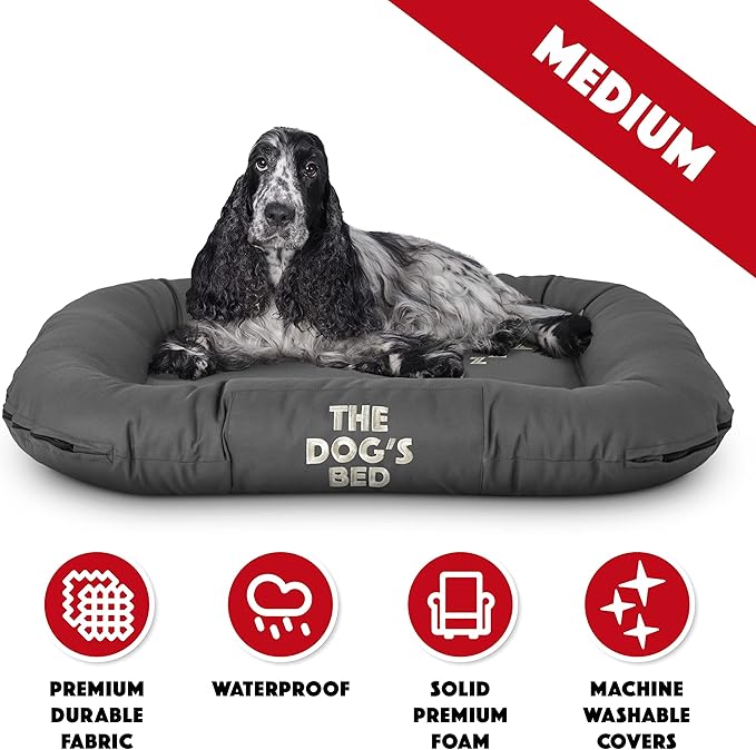 The Dog’s Bed Utility Waterproof Dog Bed, Medium, Durable Grey Oxford Fabric, Tough YKK Zippers, Washable Reversible Cover, Veterinary Approved