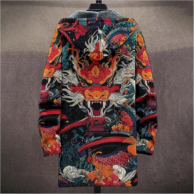 MARSVOVO Cool Hippie Long Cardigan Hoodies for Men Zipper Fleece Lined Knit Coat Skull Animal Print Graphic Jackets