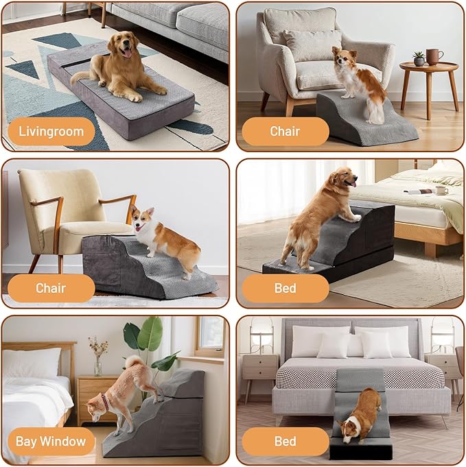 6-Step Dog Stairs for Bed & Couch – H Pet Steps for Puppy & Older Dog, Non-Slip Pet Ramp with Wide Pedals, Sturdy Indoor Dog Ladder for High Furniture 43.3" L x 19.68" W x 29.53" H Grey
