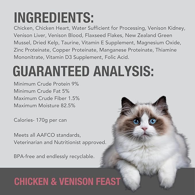 Feline Natural New Zealand Canned Catfood Wet Food, High-Meat, Low-Carb, & Grain Free Cat Food Wet, Chicken & Venison Feast, 3 oz, Pack of 24