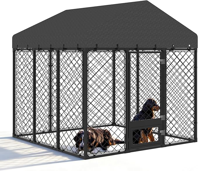 6x6FT Heavy Duty Outdoor Dog Kennel with Roof – Large Dog Enclosure & Weatherproof Dog House, Secure Metal Fence Playpen with Double Lock & Feeding Swivel Door for Big Dogs