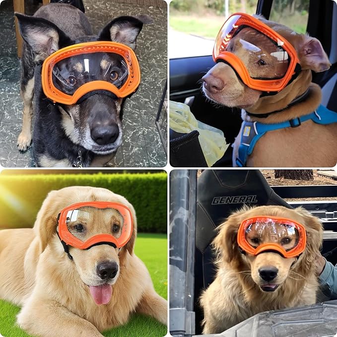 PETLESO Dog Goggles for Large Breed, Clear Dog Sunglasses Anti-UV Wide View Medium Large Pet Eye Protection for Driving Riding Hiking, Adjustable Straps, Orange