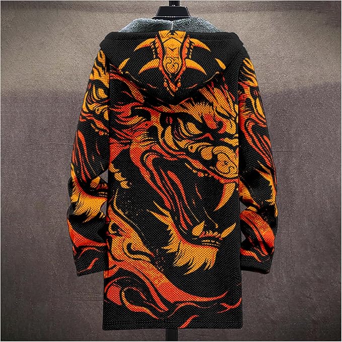 MARSVOVO Cool Hippie Long Cardigan Hoodies for Men Zipper Fleece Lined Knit Coat Skull Animal Print Graphic Jackets