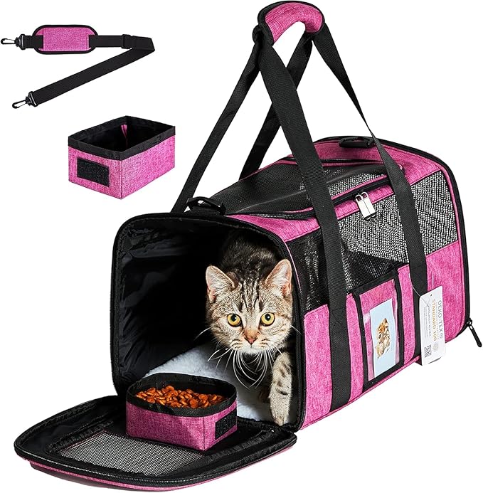 Cat Carrier for Large Cats 20 lbs,Medium Pet Under 25 lbs,2 Puppy and Small Dogs,Soft Sided Pet Travel TSA Carrier Airline Approved Kitten Carriers Rose Red