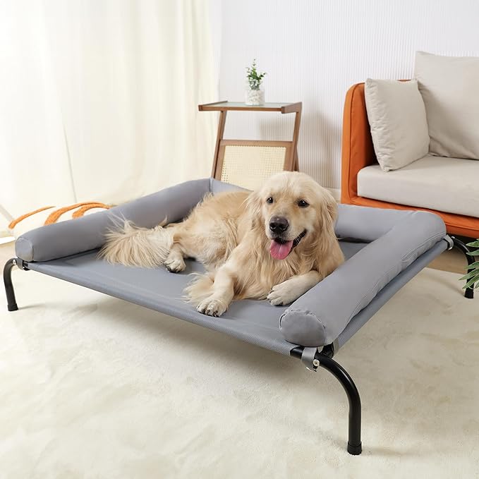 Cooling Elevated Dog Bed with Pillows,Portable Washable Raised Dog Cot with Chew Proof Mesh and Metal Frame,No-Slip Rubber Feet for Indoor & Outdoor Use,Large,Gray