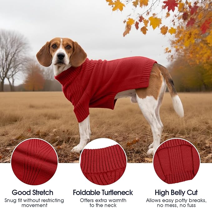 IECOii Dog Sweaters for Medium Dogs Girl Boy,Christmas Knit Doggy Sweatshirt with Sleeve,Turtleneck Thick Warm Dog Sweaters for Winter,Pullover Knitwear for French Bulldog,Boston Terrier (Red, L)