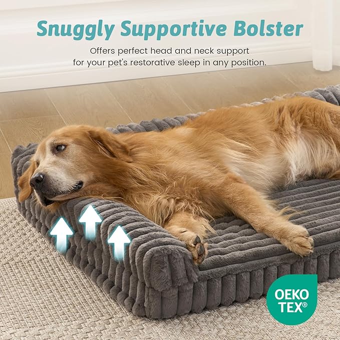 Cute Dog Bed, Faux Fur Orthopedic Foam Dog Bed with Sides, Removable Washable Cover & Waterproof Lining, Comfortable Pet Couch for Extra Large Dogs, Grey (48" L x 35" W x 7.5" Th)