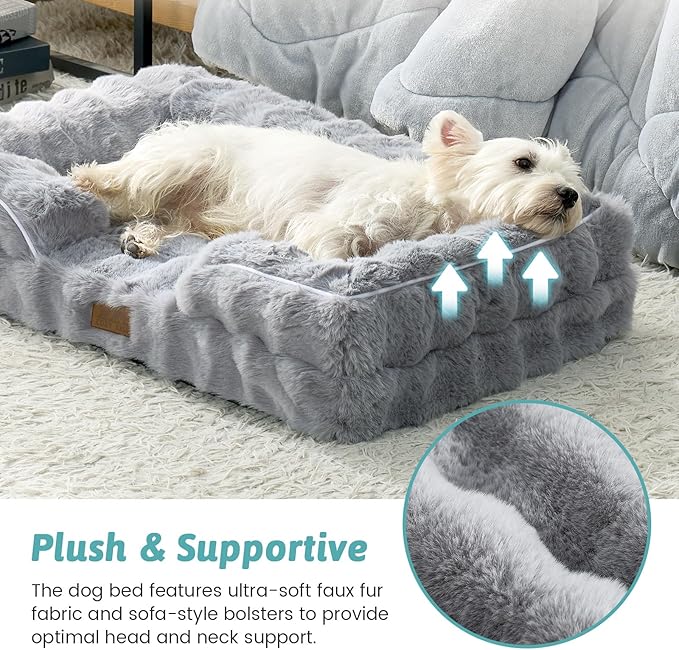 Faux Fur Orthopedic Dog Bed, Pet Couch for Medium Dog, Big Supportive Foam Bolster Sofa with Waterproof Lining Cover, Anti-Slip, Soft, Warm, Washable, C-Shaped, L 36x27x6.5 inch, Grey