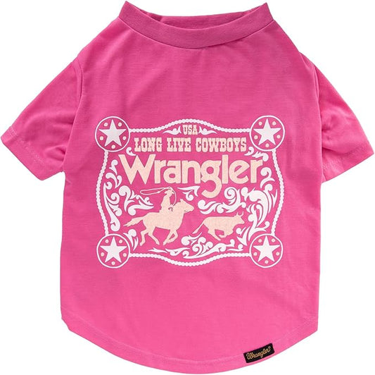 Wrangler Pink Dog T-Shirt Large – Western Cowboy Rope Buckle Logo Dog Tshirt for Large Dogs, Soft Comfortable Tee