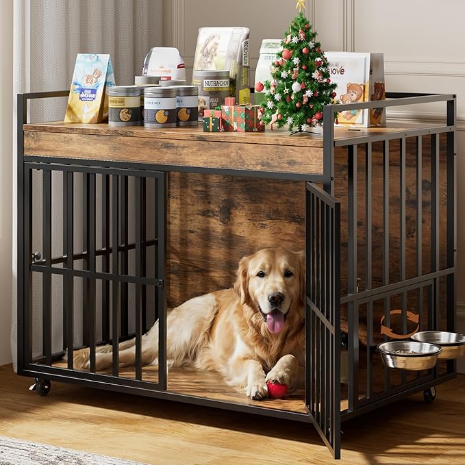 45 Inch Dog Crate Furniture, Heavy Duty Dog Kennel with 3 Doors, 2 Adjustable Bowls and Lockable Wheels, Wooden Dog House for Large Dogs, End Table Dog Cage, Rustic Brown