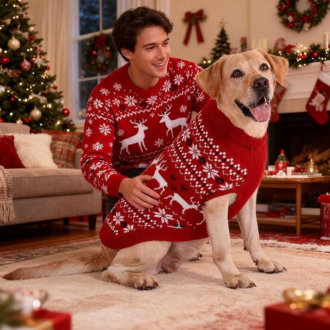 KOOLTAIL Christmas Dog Sweater, Cold Weather Pullover Classic Knitwear,Reindeer Snowflake Pattern Thick Warm Winter Pet Clothes,Cable Knit Dog Sweaters for Small Medium Large Bulldog Boy Girl,Red L/XL