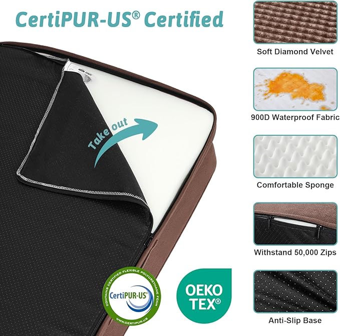 Orthopedic Dog Bed for Large Size Dog, Extra Large Pet Sofa, Foam Bolster Couch with Waterproof Lining Cover, Anti-Slip, Washable, L-Shaped, XL 44x32x7 inch, Brown