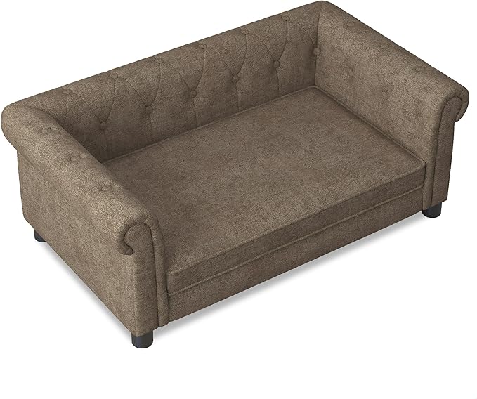 GDFStudio Modern Linen Dog Sofa for Small and Medium Dogs Elevated Pet Bed with Armrests and Backrest Durable and Comfortable Upholstered Pet Furniture, Brown
