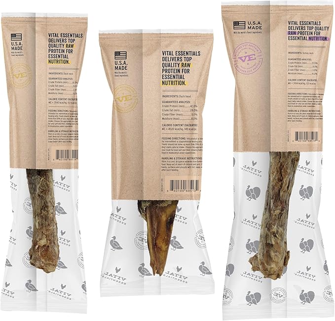 Vital Essentials Freeze-Dried Raw Bar Poultry Bundle | Duck Head, Duck Neck, Turkey Neck | Single Ingredient Dog Treat & Natural Chews | Made in USA | 3 Pack