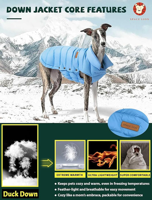 SPACE LION Dog Puffer Jacket, Down Winter Coat, Durable Outdoor Coat for Cold and Windy Conditions, Lightweight & Adjustable Fit Coats for Small Dogs, (Alaskan Blue, Size 10 Gift Box)
