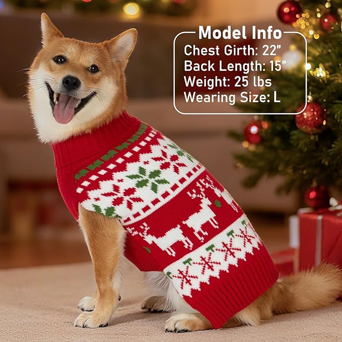 KYEESE Dog Christmas Sweater, Warm Turtleneck Dog Sweater for Small Dogs Boy Girl with Snowflake Reindeer Pattern, Winter Doggie Knitwear with Leash Hole, Soft Cozy Pet Clothes, Large
