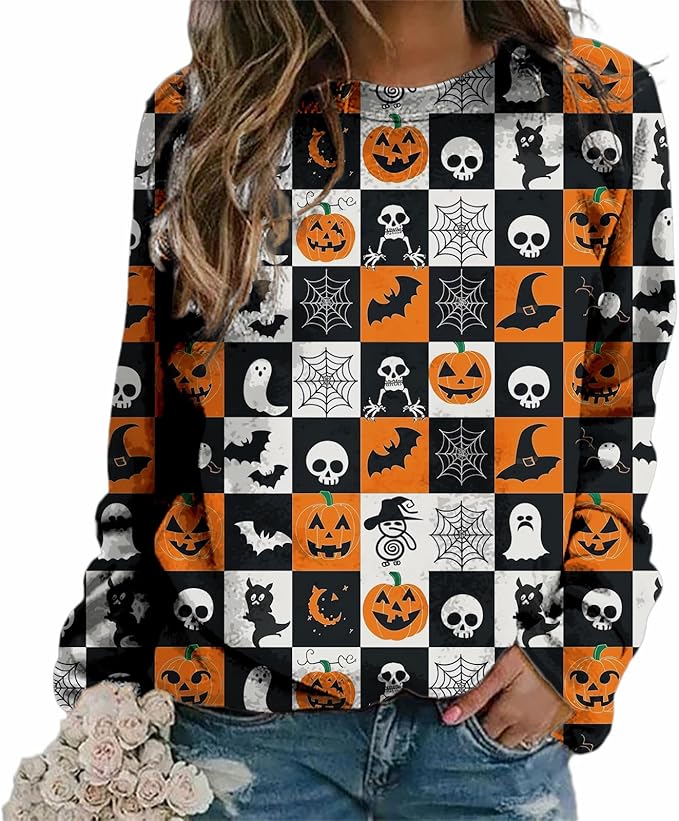 MARSVOVO Fall Sweatshirt for Women Novelty Spider Web Shirt Dressy Casual Crewneck Tunic Tops Spring Graphic Pullover
