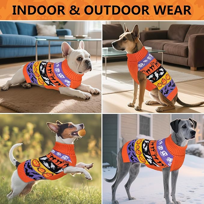 KYEESE Halloween Dog Sweater for Small Dogs Pumpkin and Ghost Patterned Knit Apparel with Turtleneck and Leash Hole Sweater Warm and Cozy Fall Costume Stretchable Winter Dog Apparel, Large