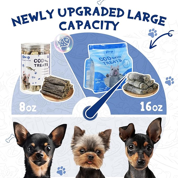 PAWUP Cod Skin Dog Treats - Natural Fish Roll Snacks w/Taurine, Single Ingredient Chews, Rich in Omega 3, 16.2 oz
