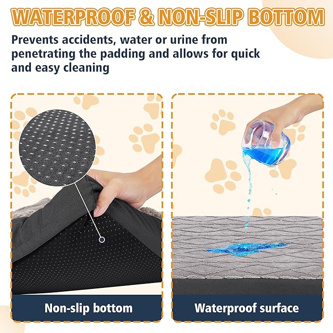 Orthopedic Dog Beds Large Sized Dog – Waterproof Plush Pet Mattress with Removable Washable Cover, Non-Slip Bottom, Memory Foam Mat for Crate, 36x27 Inch, Grey