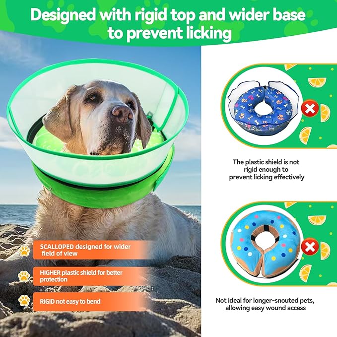 Upgraded Inflatable Dog Cone Collar with Transparent Anti-Licking Shield, Adjustable Elizabethan Collar for Medium Large Dogs, 2-in-1 Design with Detachable Shield and Soft Padding (XL, Lime)