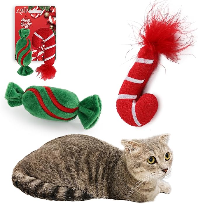 ALL FOR PAWS Christmas Cat Toys Happy Holiday Kitten Toys with Catnip, Crinkle Sound 2 Set Candy Cane Designs Kitty Toy