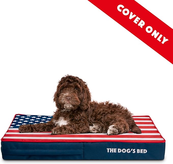 The Dog's Bed Replacement Outer Cover ONLY (NO Bed, NO Waterproof Inner) for The Dog's Bed, Washable Oxford Fabric, Medium 4 Inches (Blue with Red Piping USA Flag & Centre Flag)