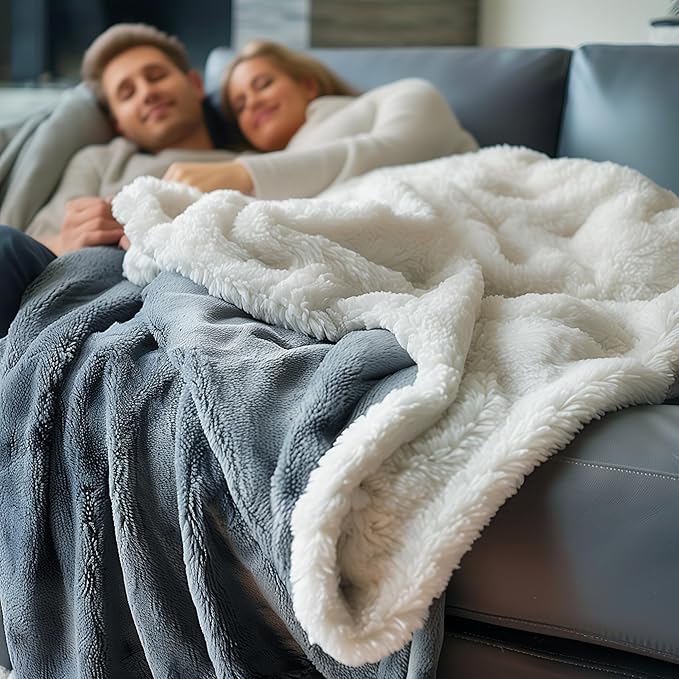 Waterproof Blanket Double Size - Sherpa Fleece Reversible Throw, Soft Warm Leak-Proof Bed & Couch Protector for Kids, Pets & Everyday Spills (Velvet Gray/Cloud White, 85x90)