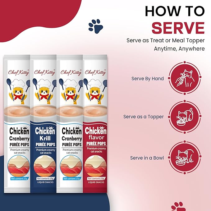 Chef Kitty Purée Pops, Cat Treats, Grain-Free, Lickable, Squeezable Creamy Cat Treat/Topper with Vitamin E & Taurine, 0.5 Ounces Each Tube, 20 Tubes, Chicken Mix Variety