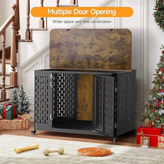 ONBRILL Heavy Duty Dog Crate Furniture for Large and Medium Dogs, 43.7 Inch Large Dog Crate Kennel with Flip Top & Cushion & Wheels, Escape Proof Pet Cage,Wooden Cage Kennel Furniture Indoor