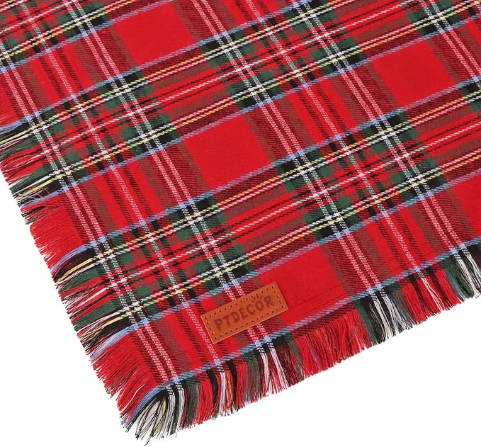 PTDECOR Christmas Dog Bandanas with Tassels Edges, Stylish Red White Plaid Scarf Bib, Premium Cotton Fabric, Reversible Triangle Xmas Bandanas for Small Dogs Puppies Cats(Small)