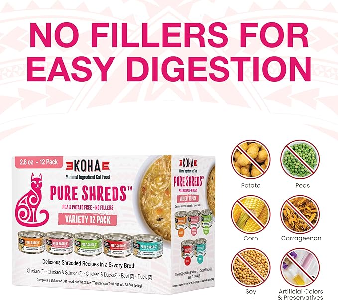 KOHA Pet Food Pure Shreds Cat Variety Pack, High Protein Wet Cat Food - 5 Flavors - Beef, Duck, Chicken & Duck and Chicken & Salmon Food for Cats - 2.8 oz Cans, Pack of 24