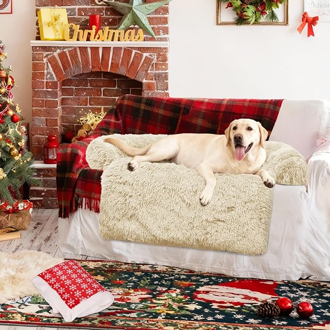 GGIB Calming Dog Bed Christmas Throw Blanket Fluffy Plush Dog Mat Furniture Protector Decoration Holiday Throw for Sofa Couch Cover Large Medium Small Dogs Cats (Extra Large, Beige)