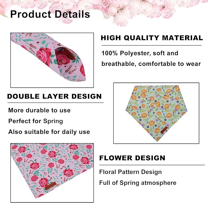 ADOGGYGO Floral Dog Bandana, Red Yellow Rose Pet Scarf, Adjustable Fit Flower Bandanas for Small Dogs Pets (Small)
