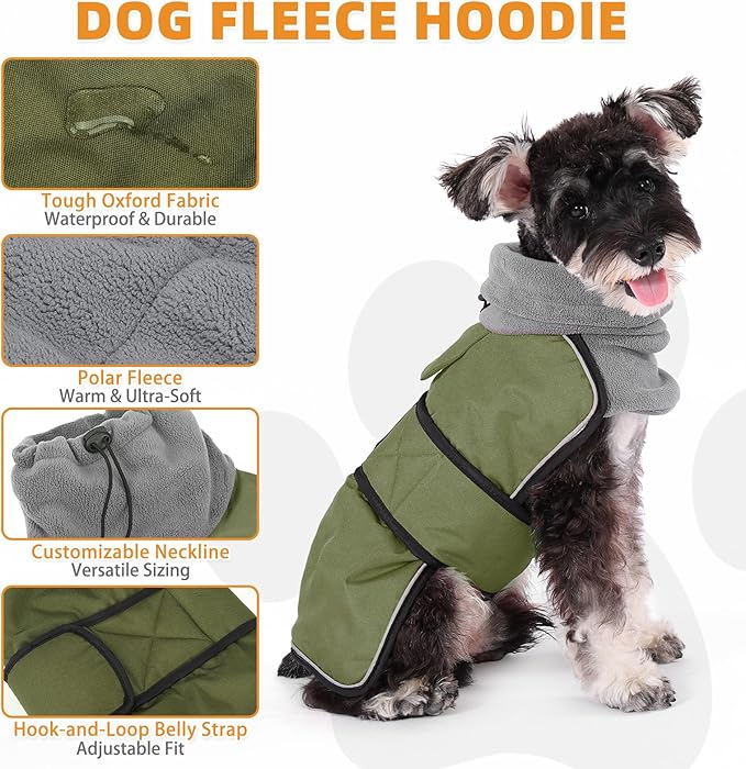 KOOLTAIL Dog Winter Coat for Small Medium Dogs, Waterproof&Windproof Puppy Jacket with Fleece Lining and High Collar for Cold Weather,Reflective Warm Pet Snowsuit Vest Clothes with Leash Hole,Green XS