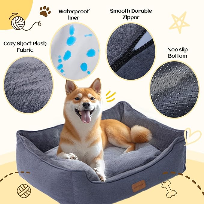Rectangle Dog Bed for Large Medium Small Dogs Washable Pet Bed with Bolster Sides Non-Slip Bottom Pet Sofa Waterproof Lining Durable Pet Cuddler, Dark Grey, 33x 26x 7.5