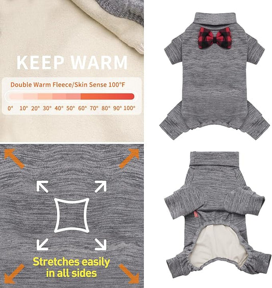 KYEESE Dog Pajamas for Small Dogs Turtleneck Stretchy Pet Pjs Dogs Sweater Super Soft Warm Material Pet Coats with Bowtie Dog Onesie Puppy Pajamas, Grey,XS