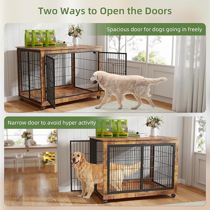 43" Movable Extra Large Dog Crate, Wooden Furniture Dog Crate with Top Access for Teasing/Feeding, 4 Rotating Wheels, Heavy-Duty Large Dog Kennel Indoor as End Table, Chew-Resistant, Brown