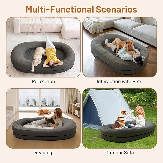 Luxury Plush Donut Pet Bed, Large Round Cushioned Dog Bed, Gray (Leather - Like Surface)
